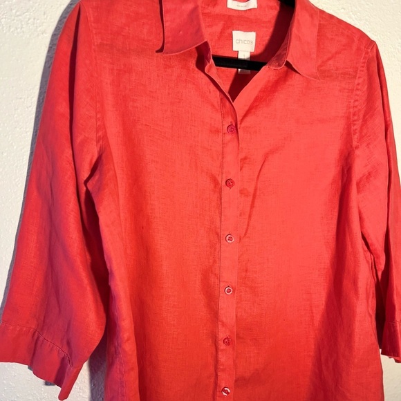 CHICO’S 100% Linen Tunic Red Blouse 3/4 Sleeve Breathable No-Iron Beach - Picture 4 of 5